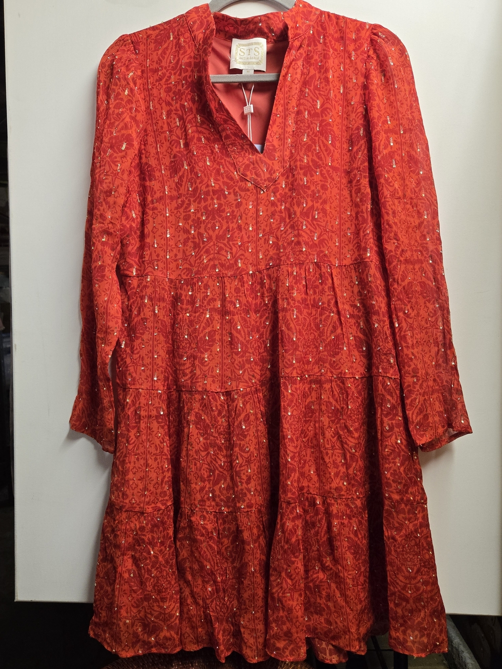 Sail to Sable Red Tropical Block Long-Sleeve V-Neck Mini Dress - Picture 2 of 8